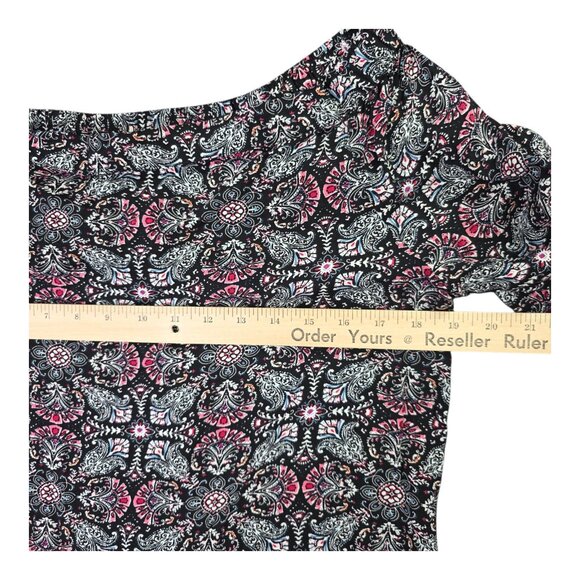 Solitaire Blouse Womens Medium Black Pink Boho Bell Sleeve Rayon Floral Crochet - Picture 7 of 11